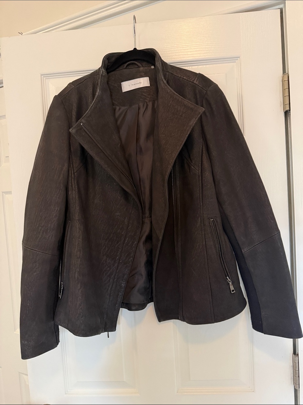T Tahari Dark Brown Leather Moto Jacket